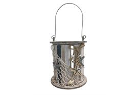 Windlicht aus Holz Maritim  D:12cm H:14.5cm  mit Netz dekoriert und Henkel