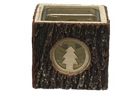 Windlicht aus Holz mit Glaseinsatz,  L9cm x B9cm xH9cm,  Motiv: Tannenbaum