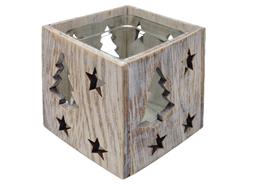 Windlicht aus Holz mit Glaseinsatz  Motiv: Tannenbäume  L:9cm B:9cm H:9cm