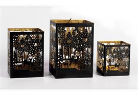 Windlicht Forest 3er Set  aus Metall eckig  Farbe schwarz gold
