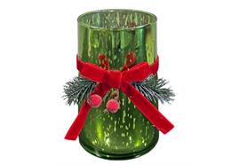 Windlicht grün mit  roter Schleife  aus Glas