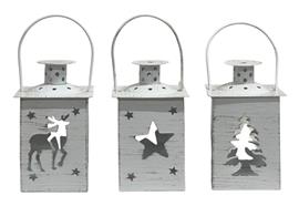 XMAS Metall Laternen 3 ass. H:12cm  Motive: Stern/Tanne/Hirsch  Farbe: Weiss